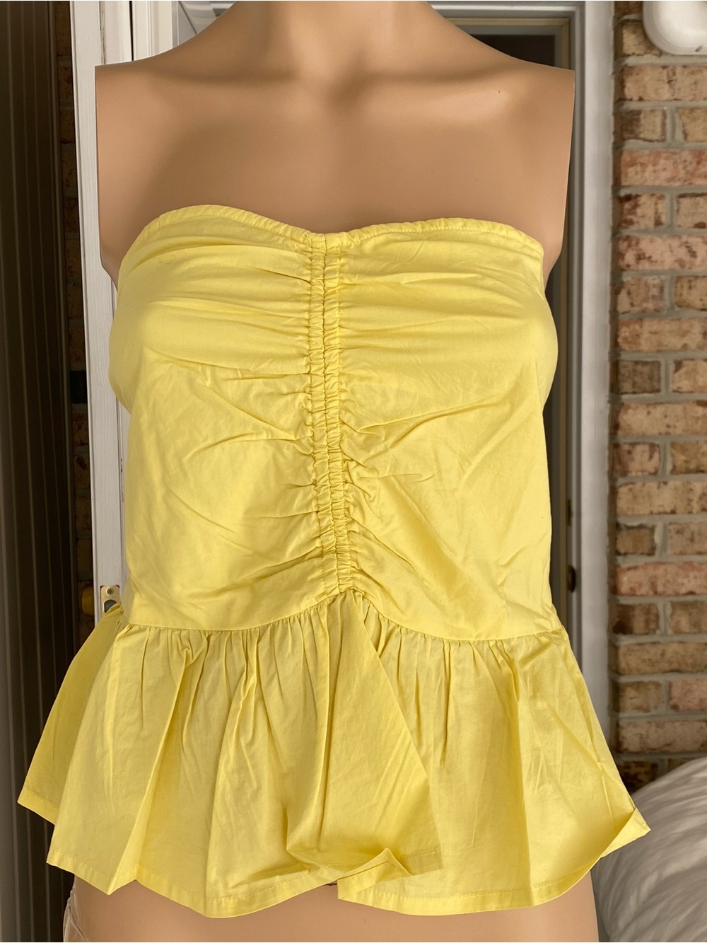 Anthropologie Strapless Yellow Ruched Peplum Top with Detachable Straps 12 NWT